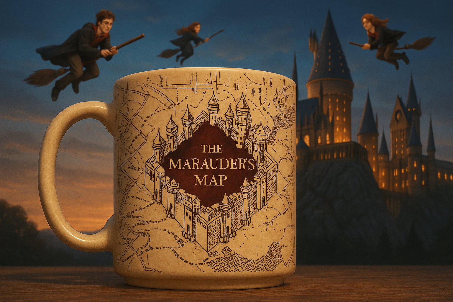 MAIN IMAGE THE MARAUDERS MAP MUG WITH HOGWARTS IN THE BACKGROUND AND MAYBE SOME HARRY POTTER CHARACTERS ON THE BRROMSTICKS 